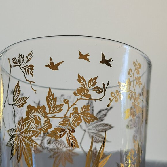 Vintage MCM Clear & 22K Gold Foil Leaves Double Old Fashioned Tumbler Set of 2 - Picture 6 of 10